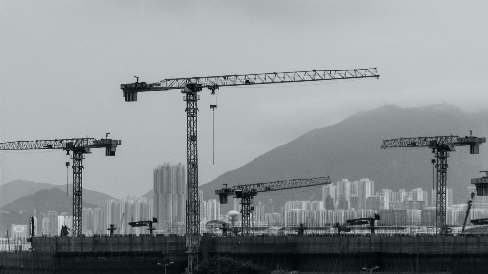 Tower cranes rising over a city construction site
